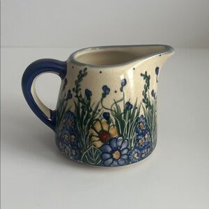 Vintage Unikat Polish Pottery 3" Creamer Hand Painted Wildflowers Cottagecore